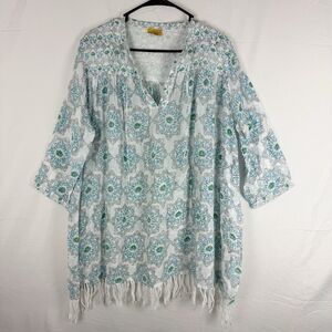 Roberta Roller Rabbit Cotton Floral print V-Neck Fringe Tunic Top Peasant Sz M
